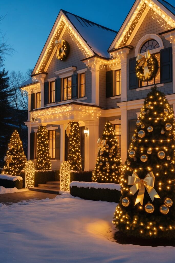 15 Magical Christmas House Exterior Ideas for a Festive Winter Wonderland 8 golden Christmas palace-style