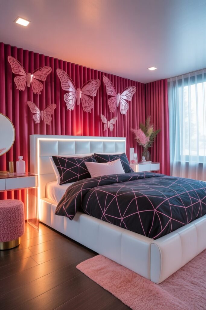 black white pink bedroom