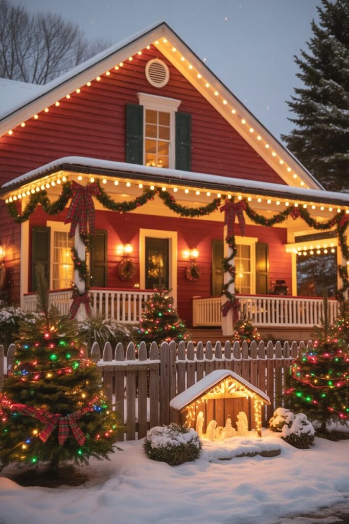 15 Magical Christmas House Exterior Ideas for a Festive Winter Wonderland 13 classic red farmhouse