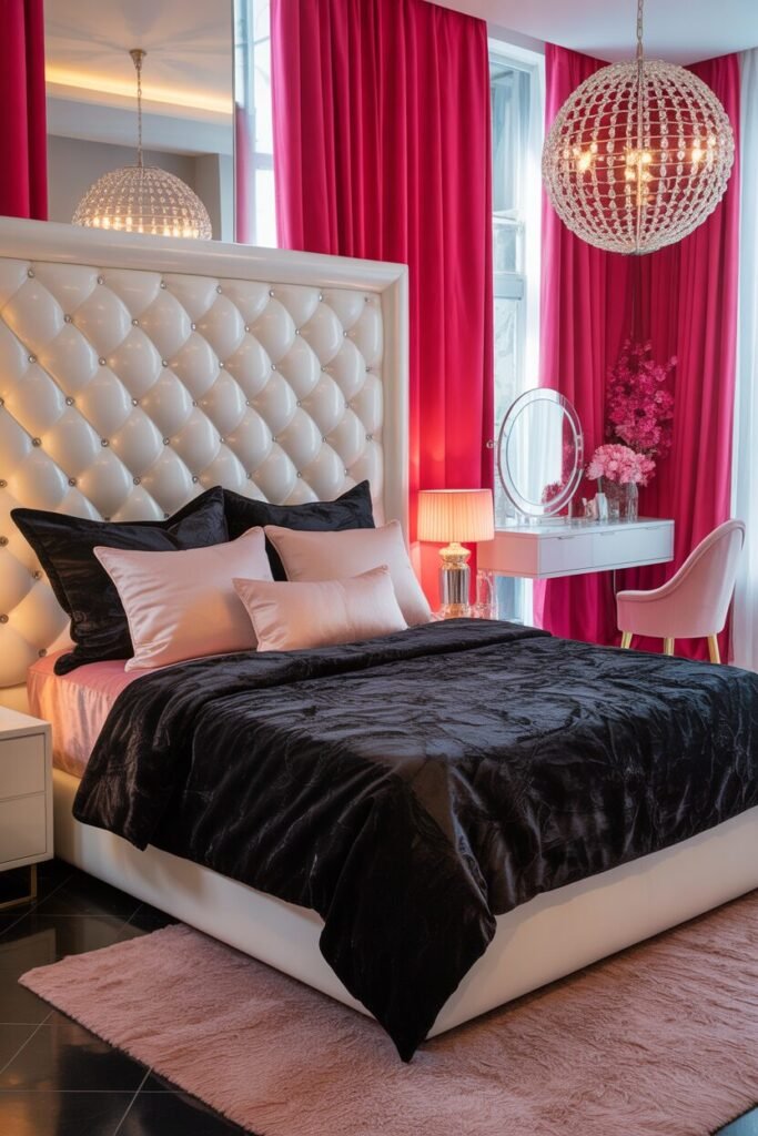 black white pink bedroom