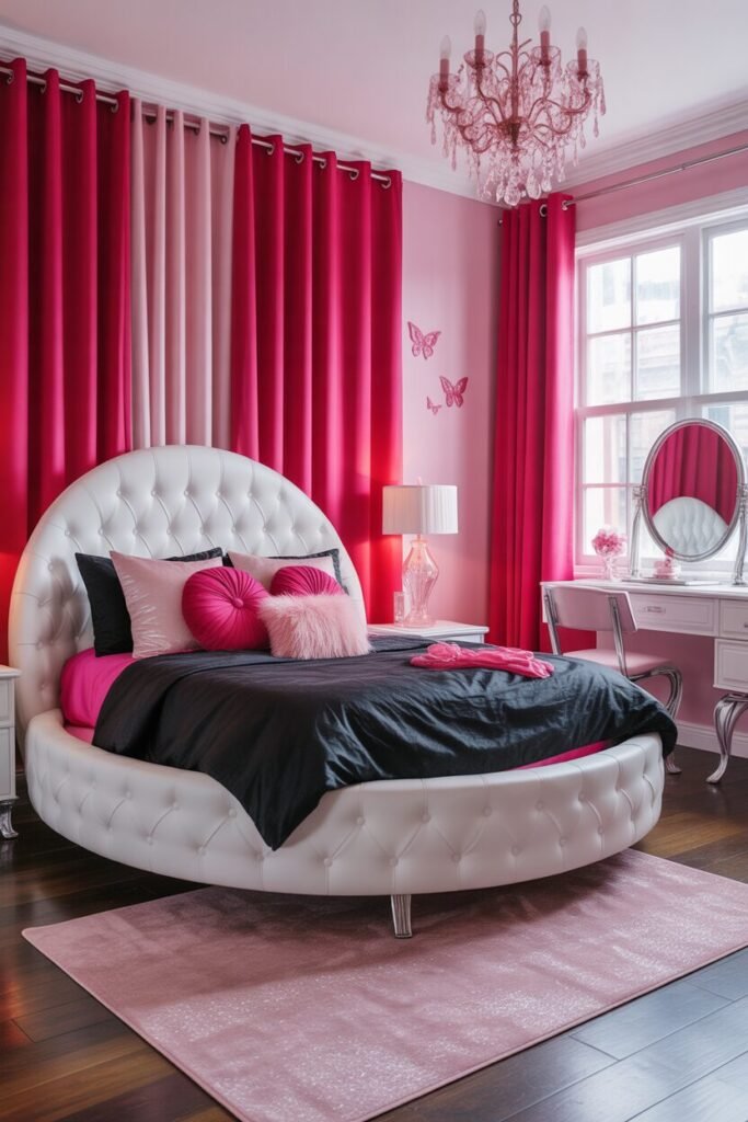pink black white tufted bedroom