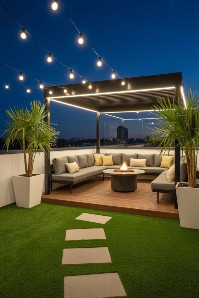 Nighttime rooftop terrace