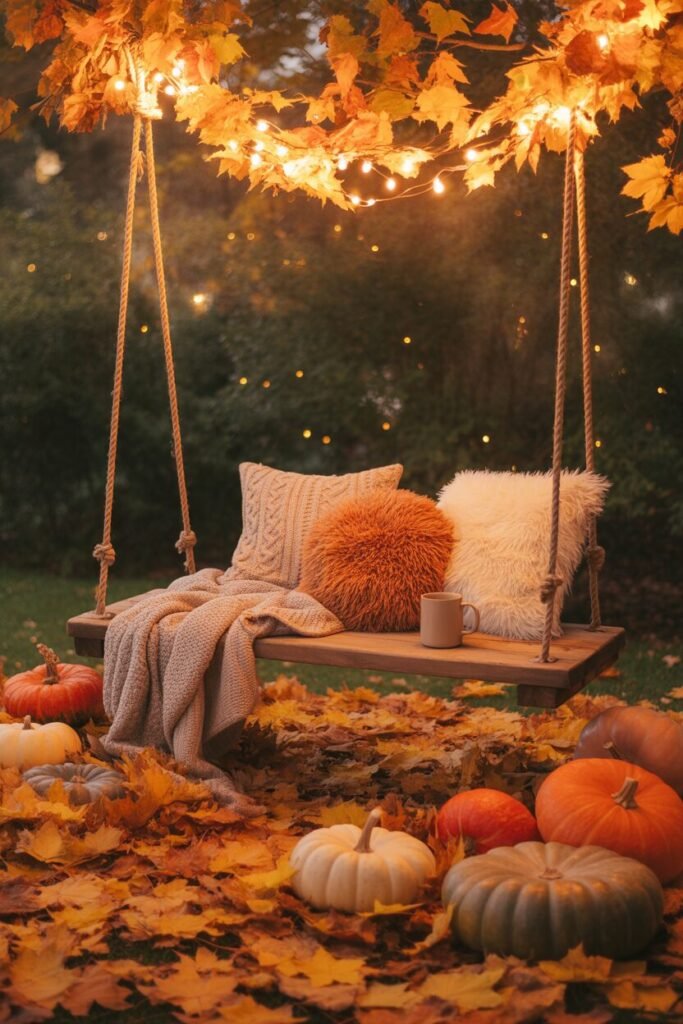 autumn garden swing with pumpkins
