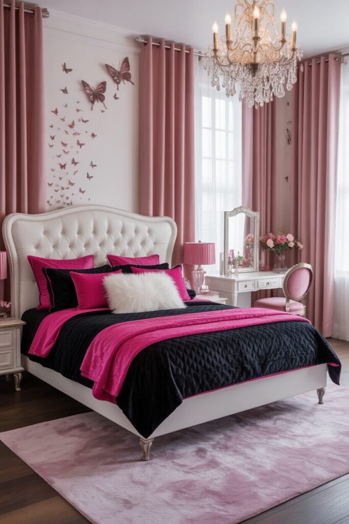 luxury feminine pink black white bedroom