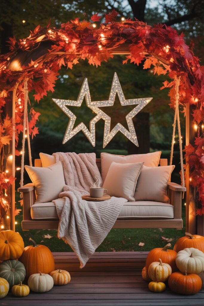 autumn garden swing with pumpkins