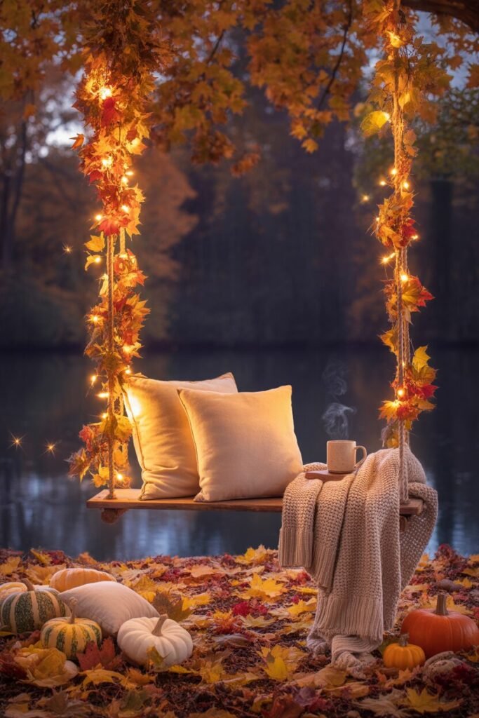 autumn garden swing with pumpkins