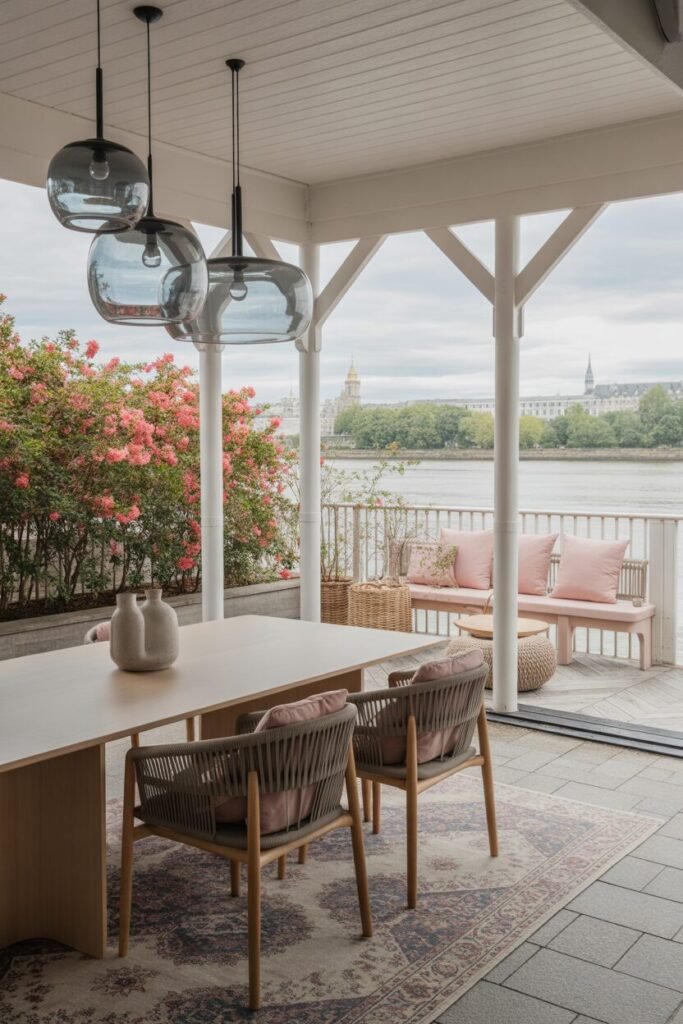 Gray and pink Scandinavian-style balcony 