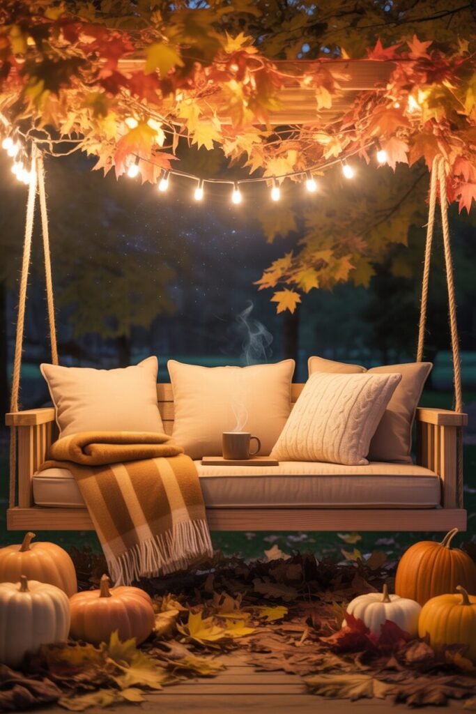 autumn garden swing with pumpkins