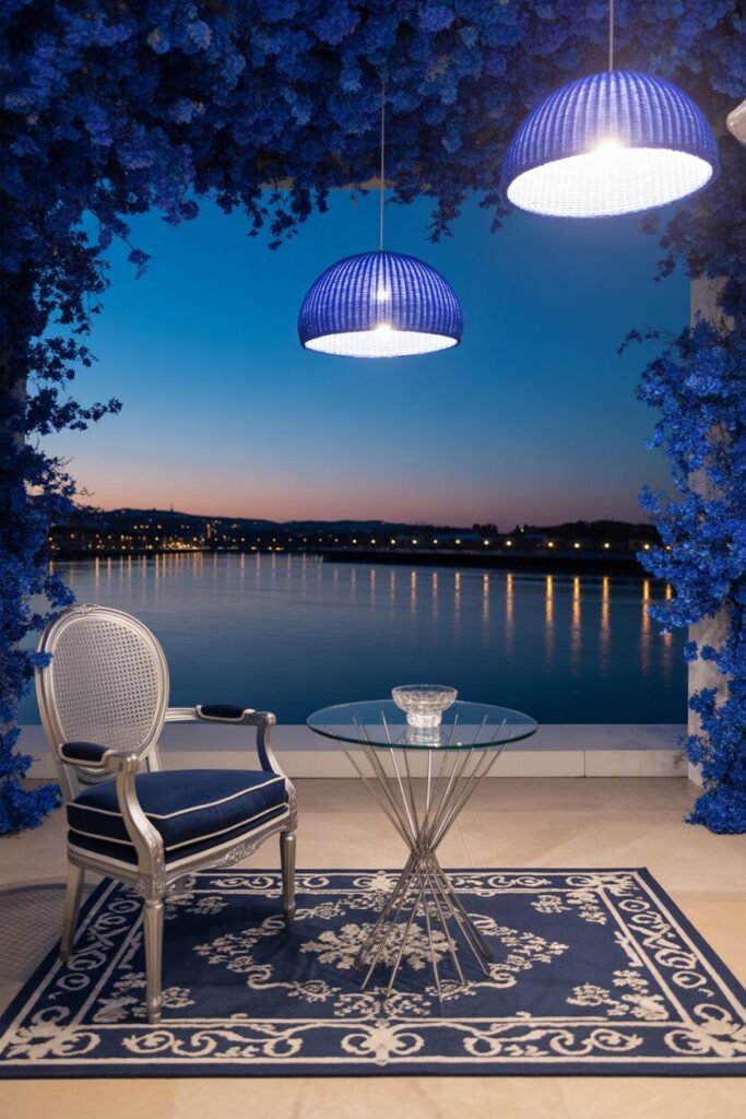 Deep blue and silver twilight balcony