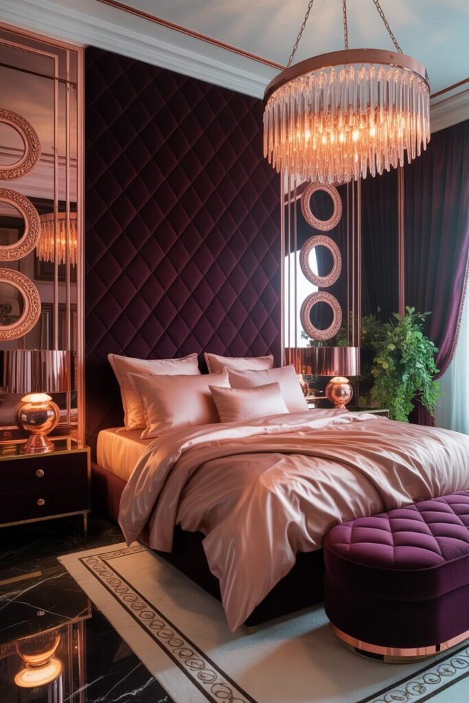 14 Luxury Color-Themed Bedroom Design for a Modern High-End Home 5 Plum purple and rose-gold royal bedroom