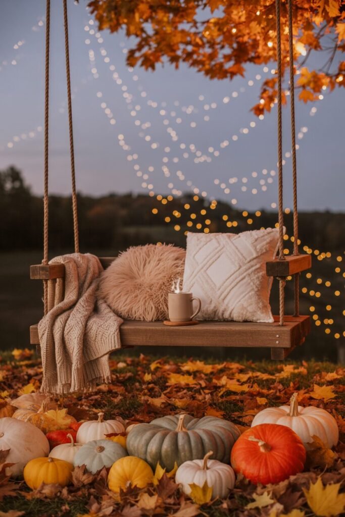 autumn garden swing with pumpkins