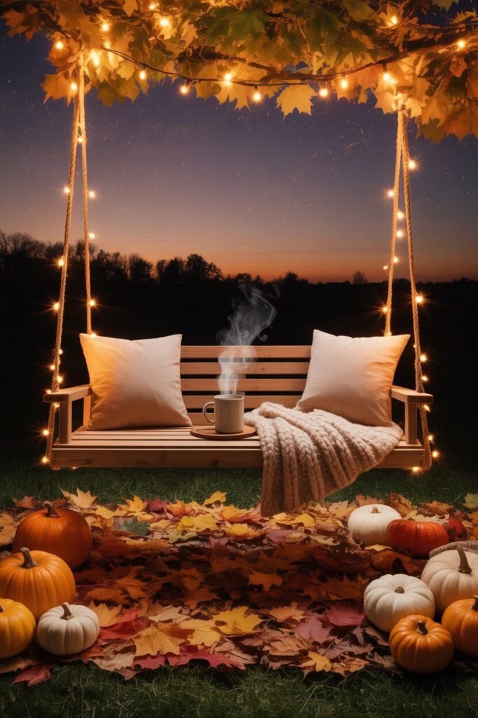autumn garden swing with pumpkins