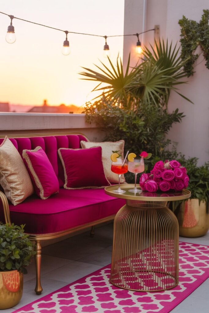  glam terrace with velvet bench