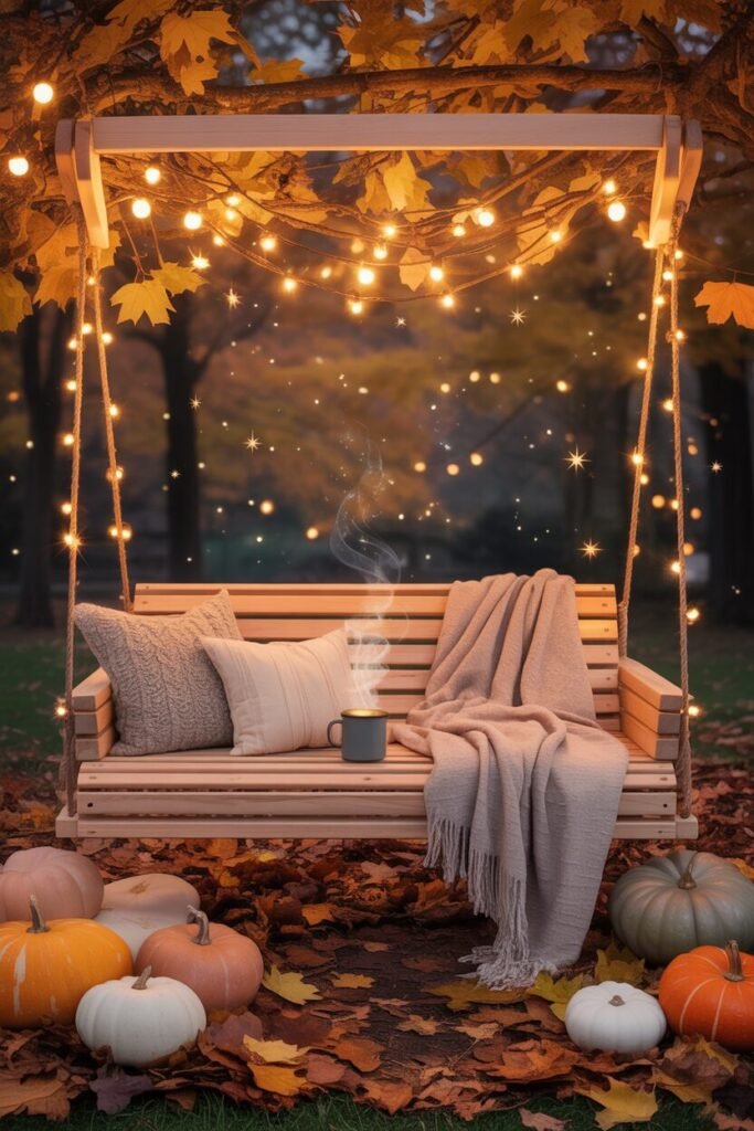 autumn garden swing with pumpkins