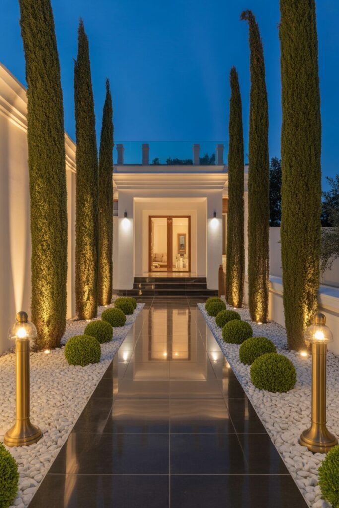 16 Luxury Night Garden Ideas With Dramatic Lighting (Modern & High-End Inspiration) 4 black tile pathway at night