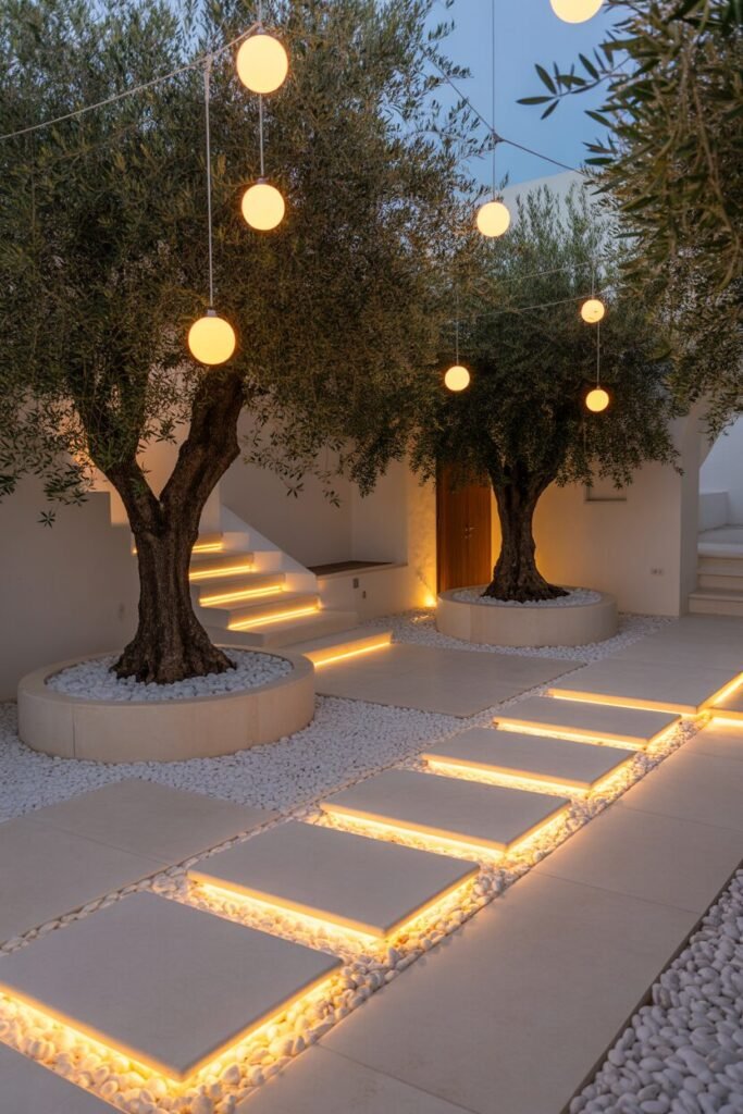 16 Luxury Night Garden Ideas With Dramatic Lighting (Modern & High-End Inspiration) 6 limestone path at night
