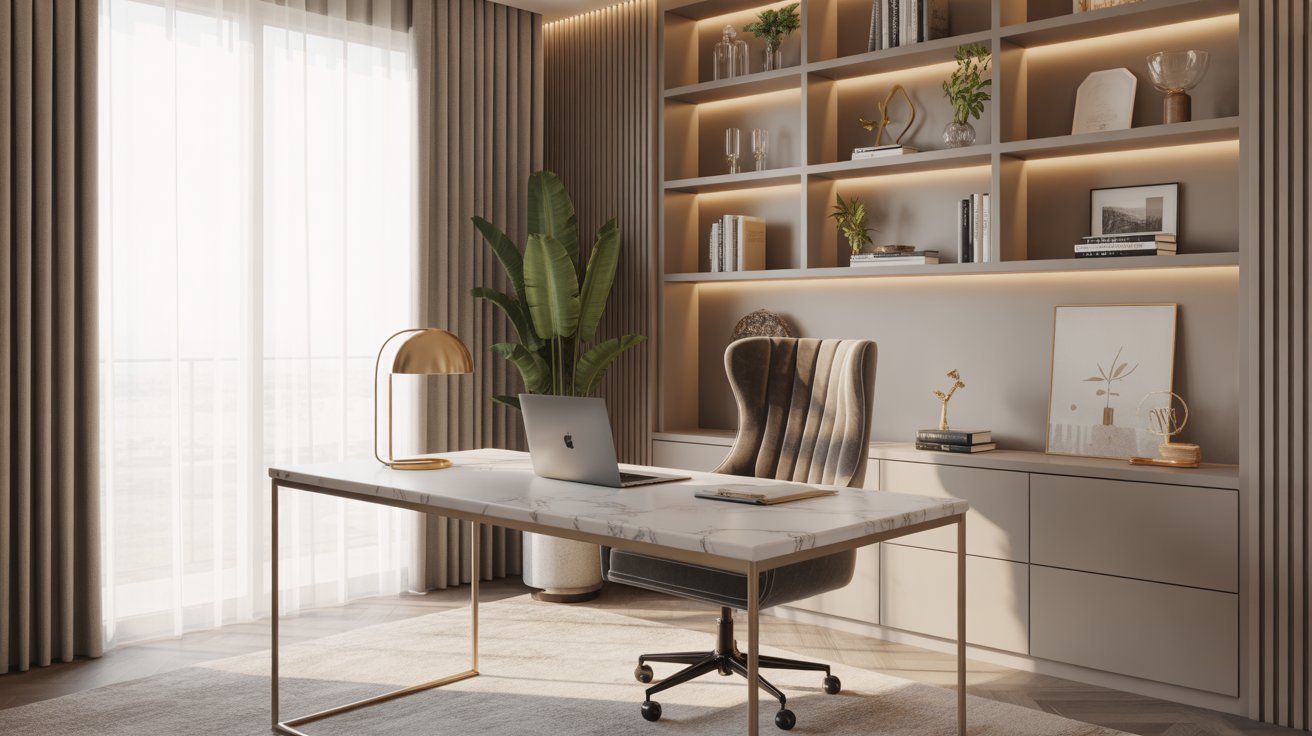 a luxurious modern home office featuring qCB rAXkRoyBf3X