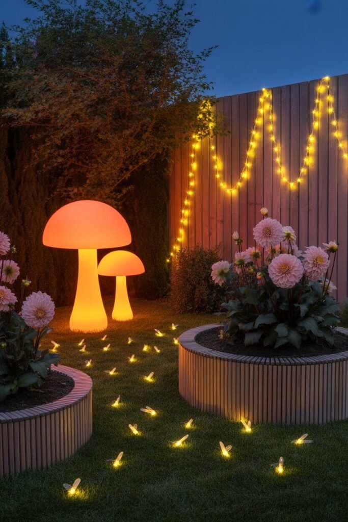 Night garden with glowing mushroom