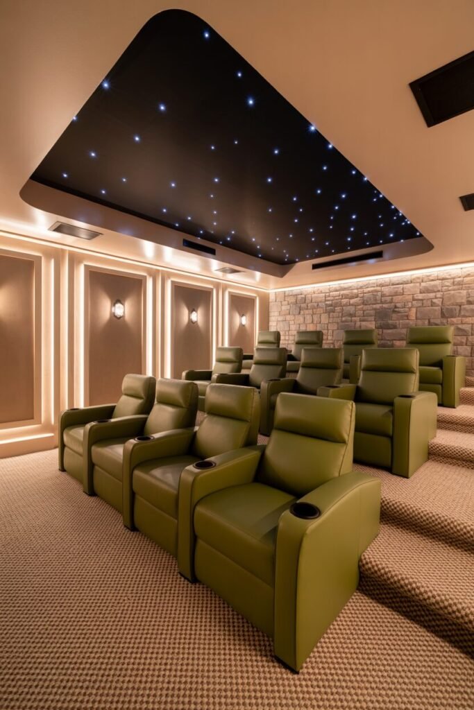 Olive-green velvet luxury home theater