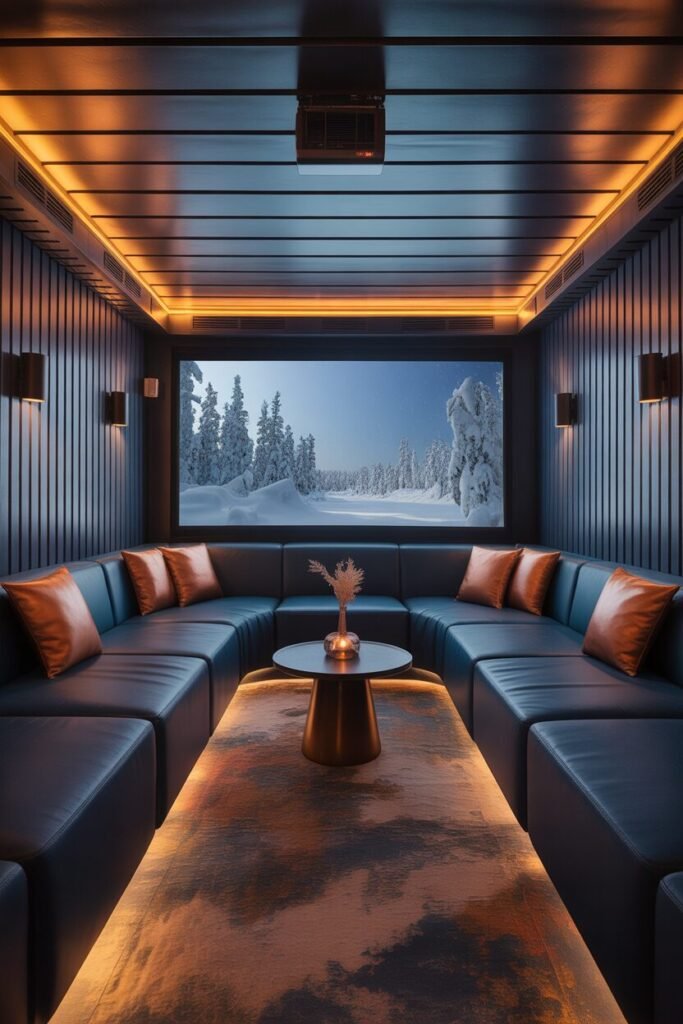 Cozy navy cinema lounge