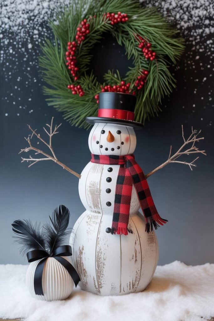 Rustic wooden snowman
