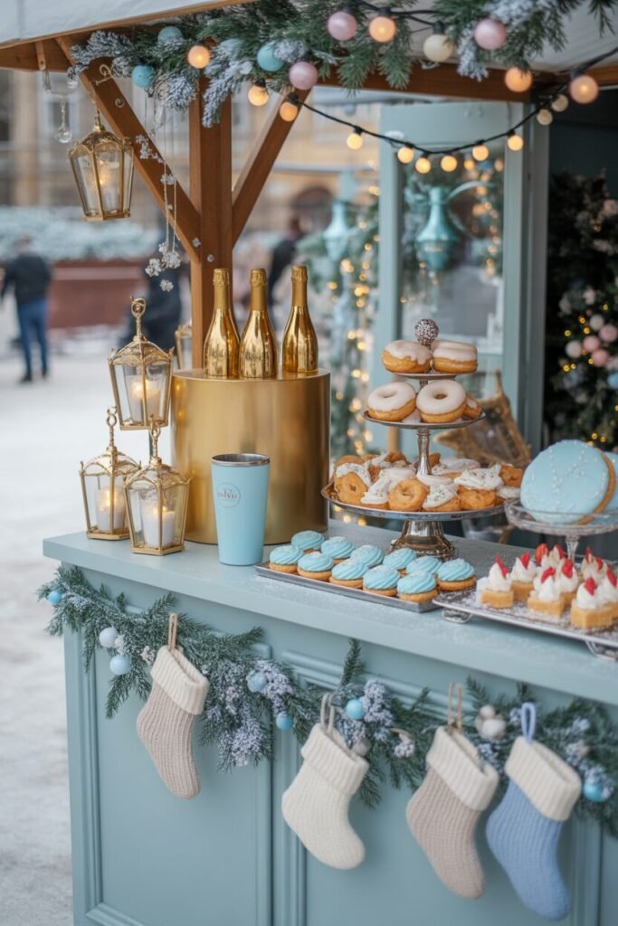 15 Stunning Pastel Christmas Dessert Stall Ideas (Whimsical Holiday Market Aesthetic) 8 Misty-blue dessert kiosk
