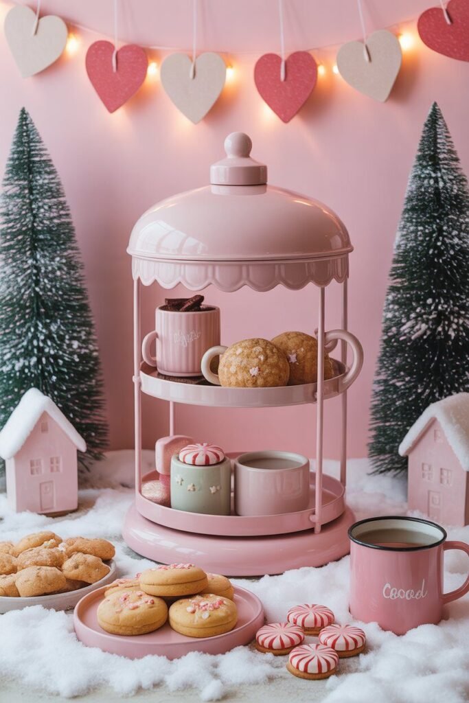 15 Stunning Pastel Christmas Dessert Stall Ideas (Whimsical Holiday Market Aesthetic) 11 Powder-pink cocoa stall