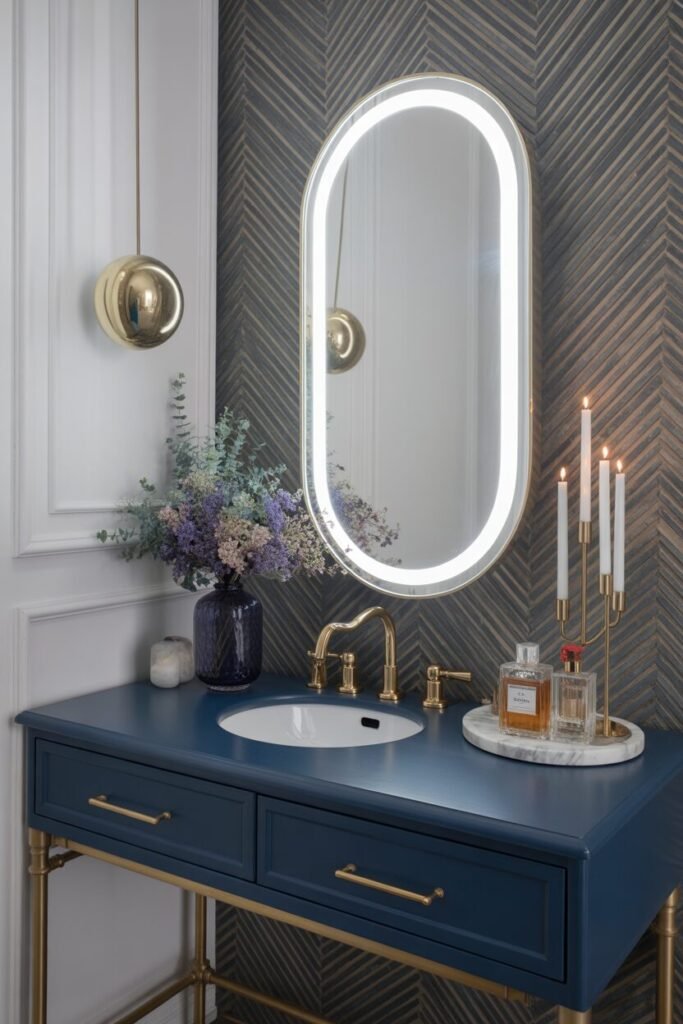 brass herringbone luxury bathroom