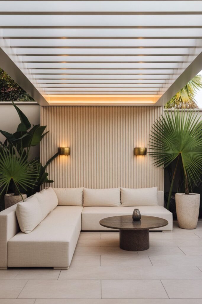 Modern patio with floating ceiling pergola 