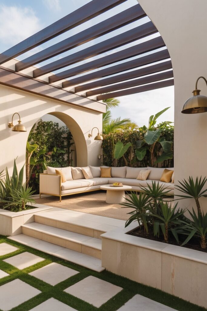 Outdoor lounge with arched pergola