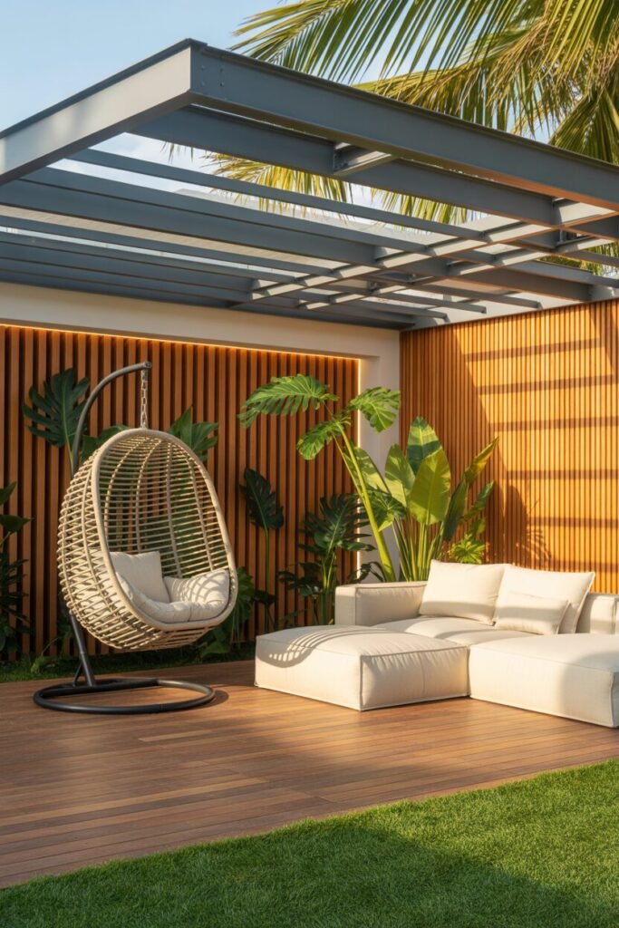 Tropical patio with hanging egg chair