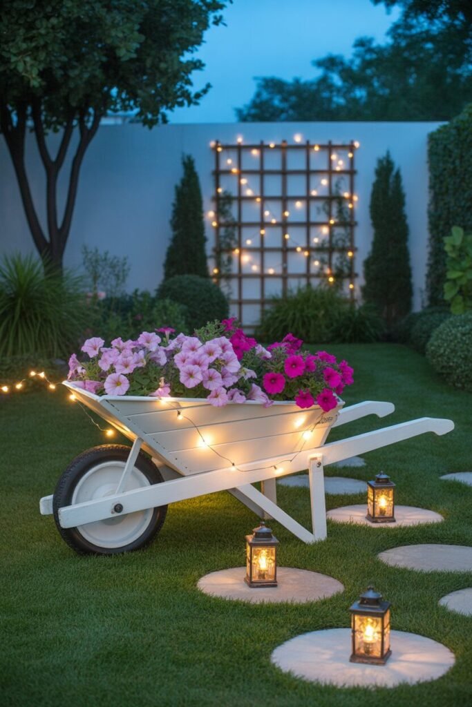 Night garden wheelbarrow planter
