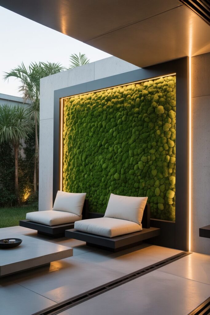 Minimal patio with moss vertical wall