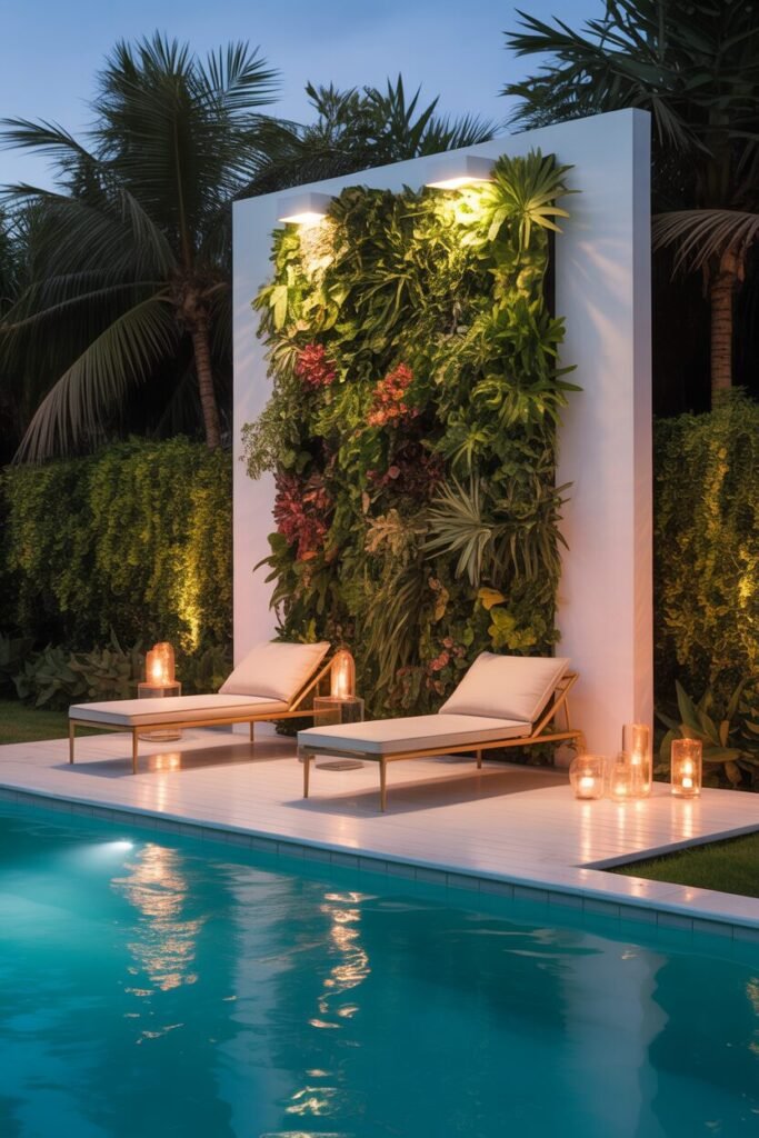 Poolside patio with tropical vertical garden 