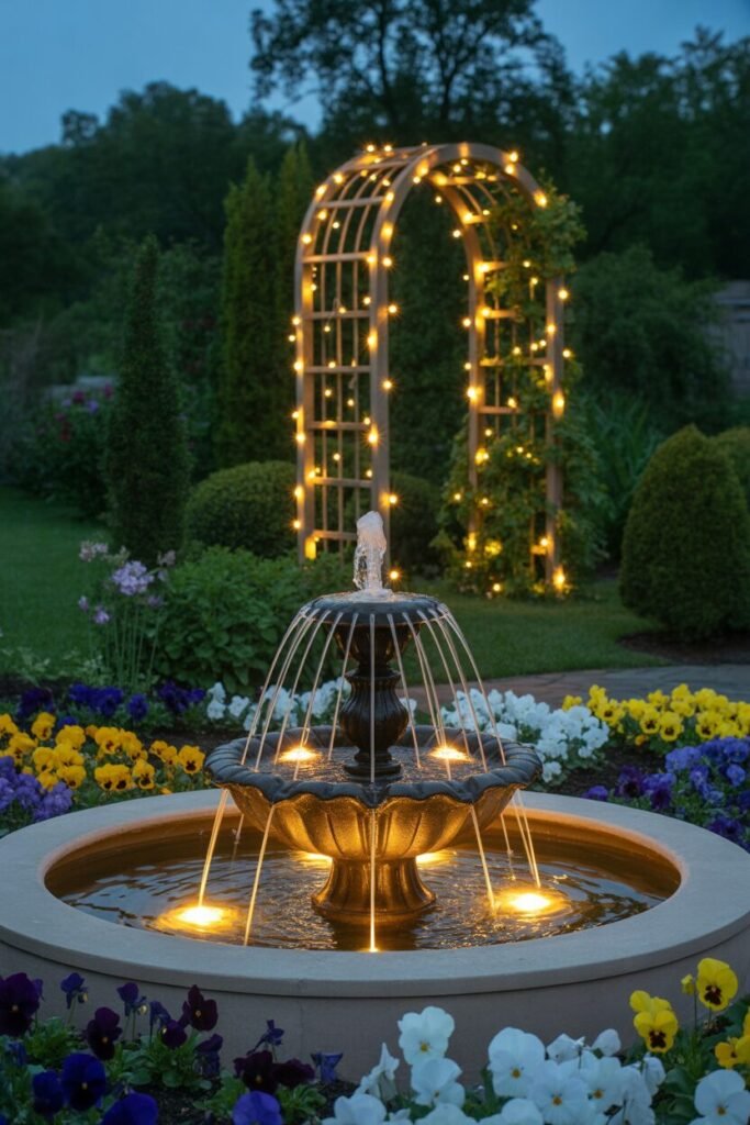 Night garden fountain with LED rings 