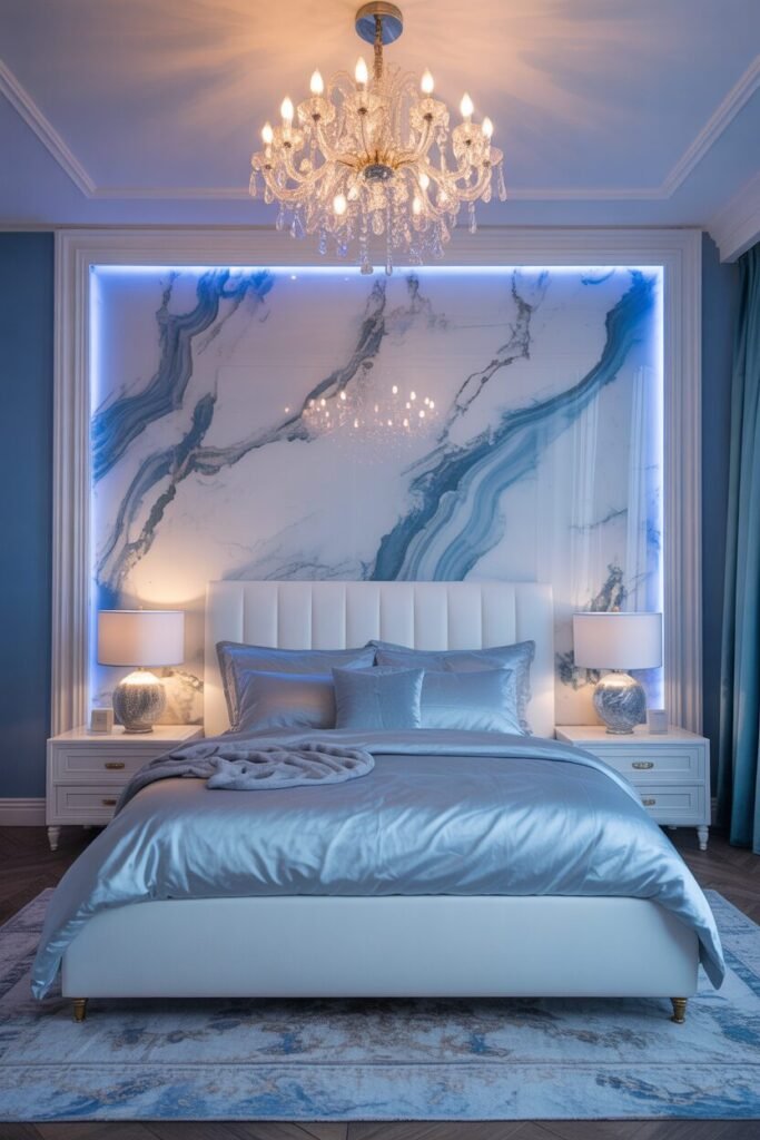 Marble accent blue bedroom