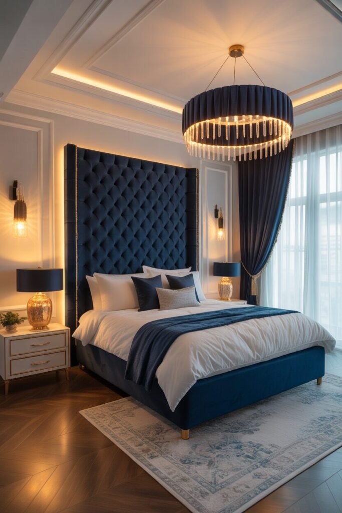 Navy velvet luxury bedroom