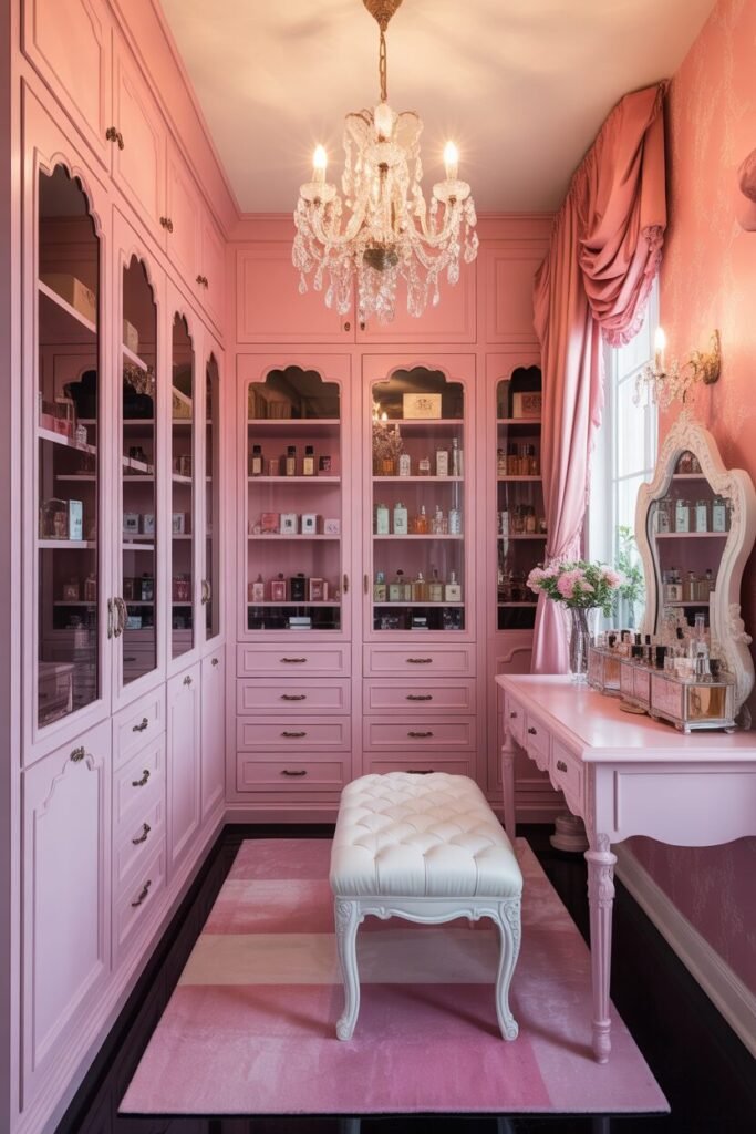pink and white walk-in closet 