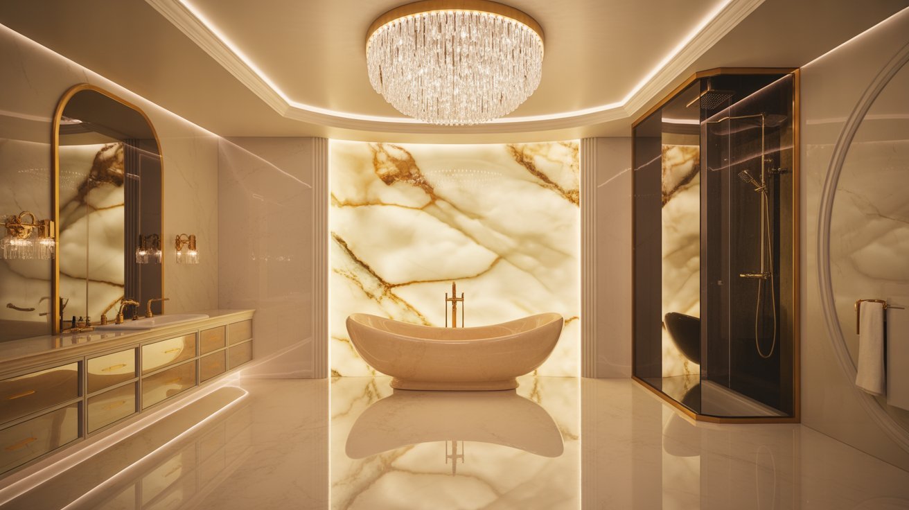 15 Beige Luxury Bathroom Ideas With Marble And Spa-Like Designs 1 Beige bathroom with marble lighting wall