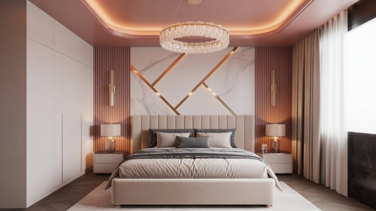 modern bedroom with LED ceiling and marble-blush accent wall