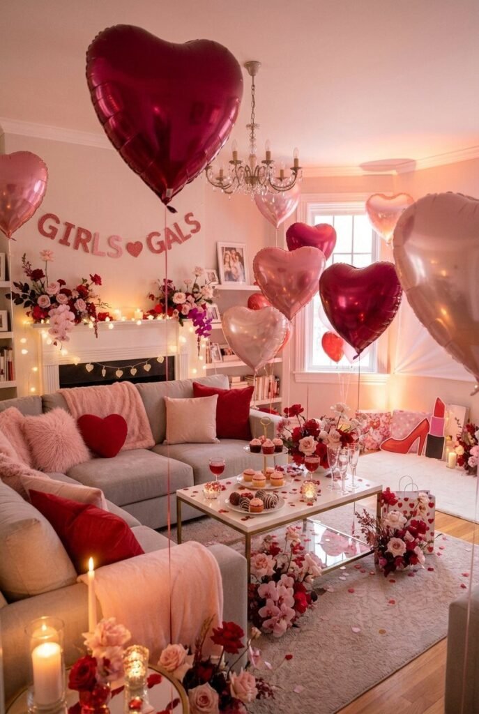 15 Galentine’s Day Decor Ideas 2026 – Luxury Feminine Celebration Styles 4 heart balloon Galentine’s Day decor