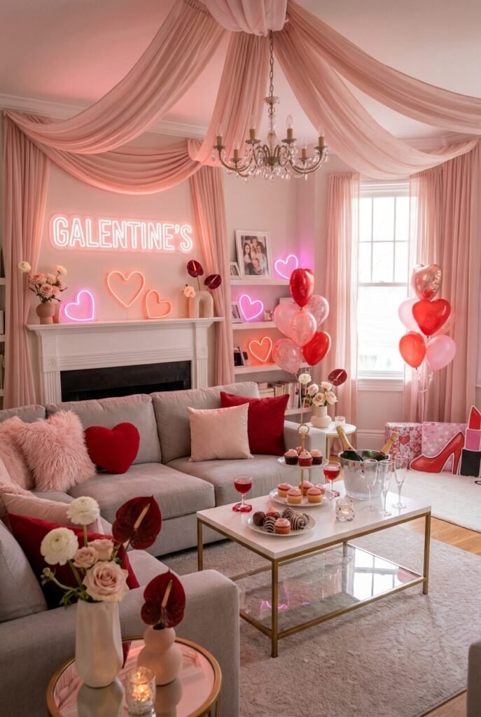 15 Galentine’s Day Decor Ideas 2026 – Luxury Feminine Celebration Styles 9 Blush drapery Galentine’s decor