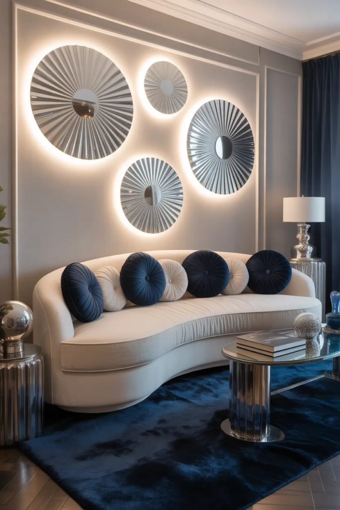 navy blue sofa pillow styling