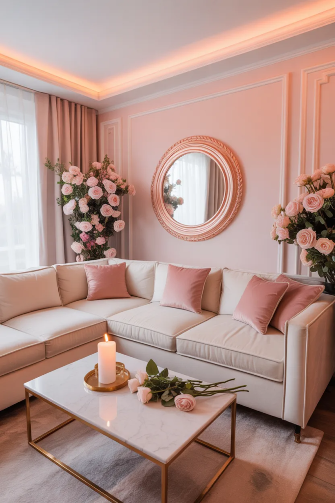 blush pink sofa pillow styling