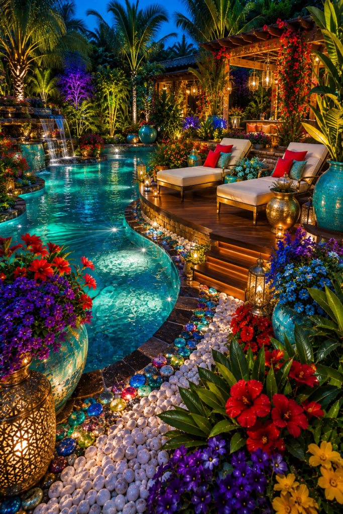 Jewel-tone colorful pool garden
